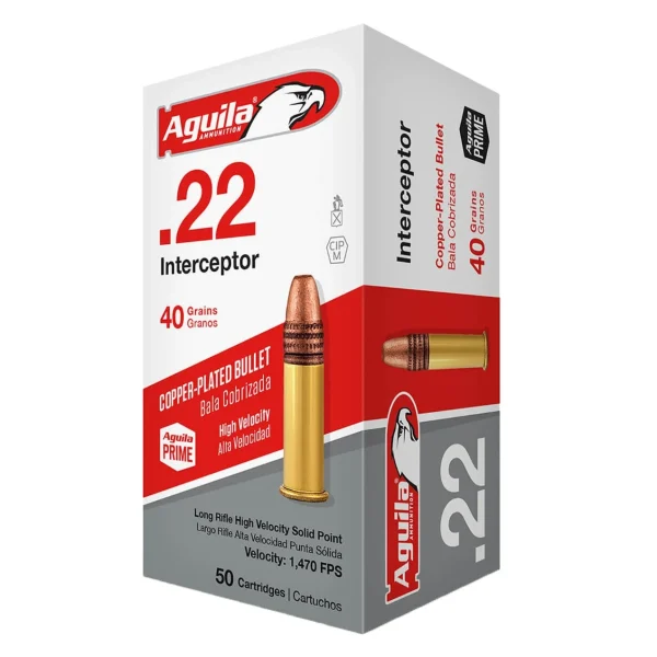 AGUILA INTERCEPTOR HIGH VELOCITY 22 LR 40 GRAIN COPPER PLATED SOLID POINT